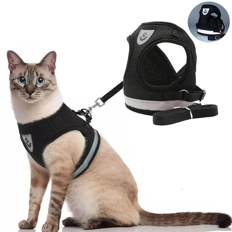 Arnês e coleira para gatos e cães de estimação, respirável, ajustável, à prova de fuga