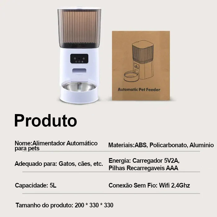 Alimentador Automático para Gatos e Cães - 5L, Wi-Fi, Câmera HD, Inteligente e Interativo